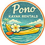 Pono Kayak Rentals logo with illustrated kayak, paddle, plumeria flower, ocean waves, and tropical island scenery